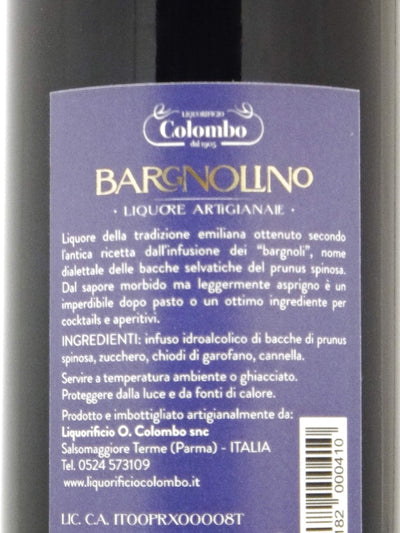 etichetta del liquore artigianale Bargnolino di Colombo