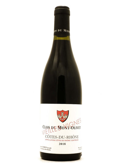 Bottiglia di vino rosso francese Côtes du Rhône Rouge Vieilles Vignes di Clos du Mont-Olivet