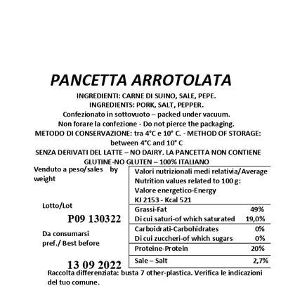 Pancetta Stagionata sottovuoto Podere Cadassa etichetta
