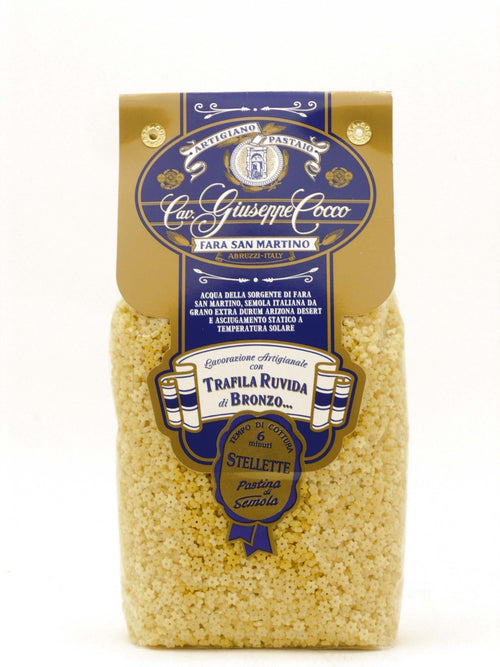 Confezione di pastina di semola da trafila al bronzo in formato stellette del pastificio artigianale abruzzese Cocco