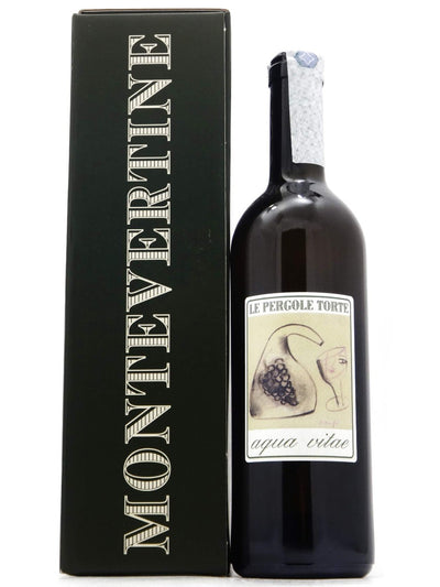 Bottiglia di Acqua Vitae Le Pergole Torte Montevertine con astuccio, grappa toscana da vinacce di Sangiovese