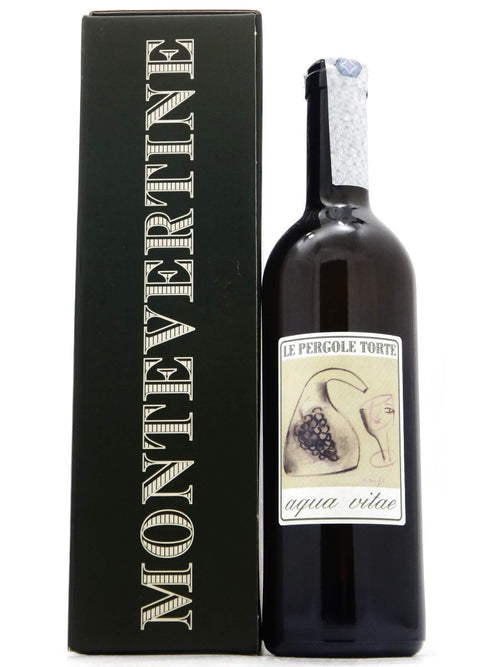 Bottiglia di Acqua Vitae Le Pergole Torte Montevertine con astuccio, grappa toscana da vinacce di Sangiovese
