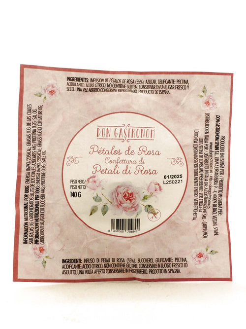 Etichetta della Confettura di Petali di Rosa Don Gastronom con ingredienti e valori nutrizionali