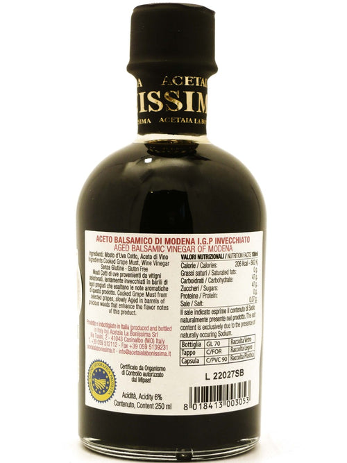etichetta dell'Aceto Balsamico di Modena IGP Invecchiato Sigillo Bordeaux dell'acetaia La Bonissima