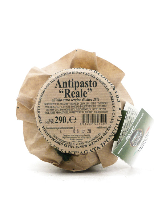 dettaglio etichetta dell'Antipasto Reale con olive taggiasche e funghi porcini