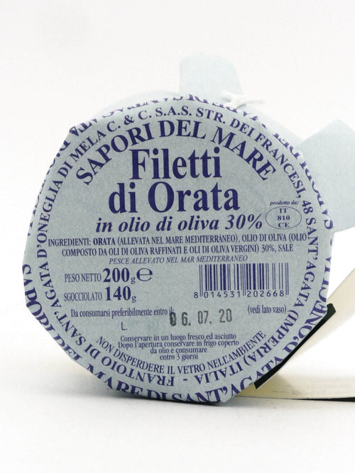 etichetta dei Filetti di Orata in Olio d'Oliva di Frantoio sant'Agata d'Oneglia