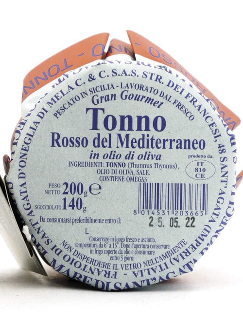 etichetta del vasetto di Filetti di Tonno Rosso in Olio d'Oliva di Frantoio Sant'Agata d'Oneglia