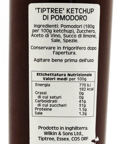 Etichetta del Ketchup Wilkin & Sons LTD of Tiptree con ingredienti e valori nutrizionali