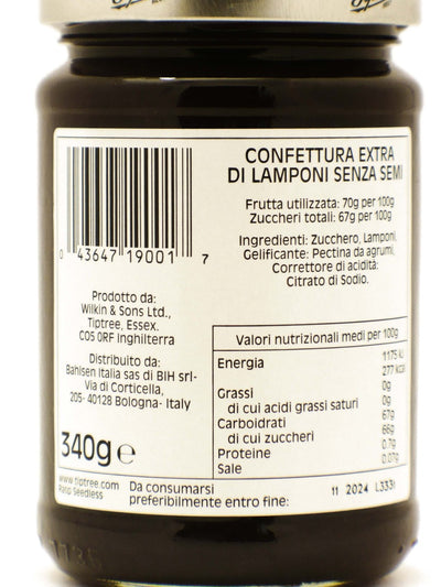 Etichetta della Raspberry Seedless Confettura Extra di Lamponi senza Semi Wilkin & Sons con ingredienti e valori nutrizionali
