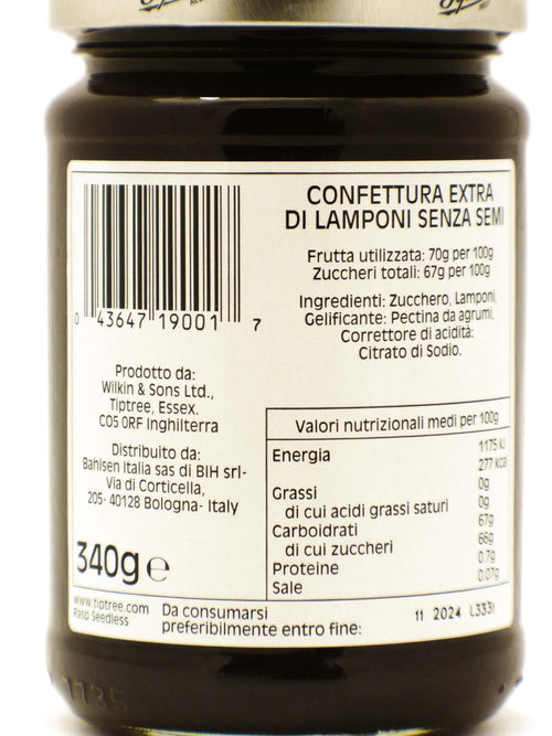 Etichetta della Raspberry Seedless Confettura Extra di Lamponi senza Semi Wilkin & Sons con ingredienti e valori nutrizionali